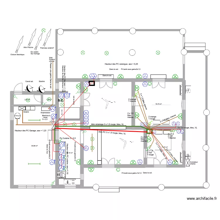 Electricit&eacute;. PC et  &eacute;clairage chambres. Plan de 