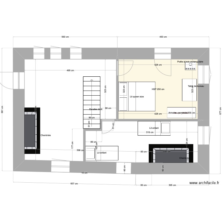 étage partie commune  aménagement février 2024. Plan de 1 pièce et 14 m2