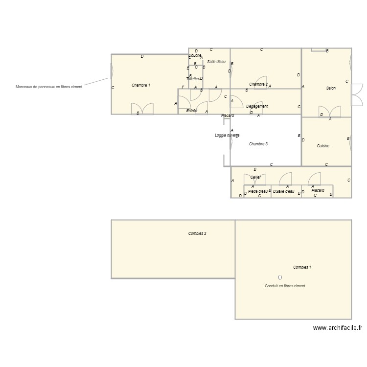 Croquis DUCASSE3 amiante. Plan de 14 pièces et 164 m2