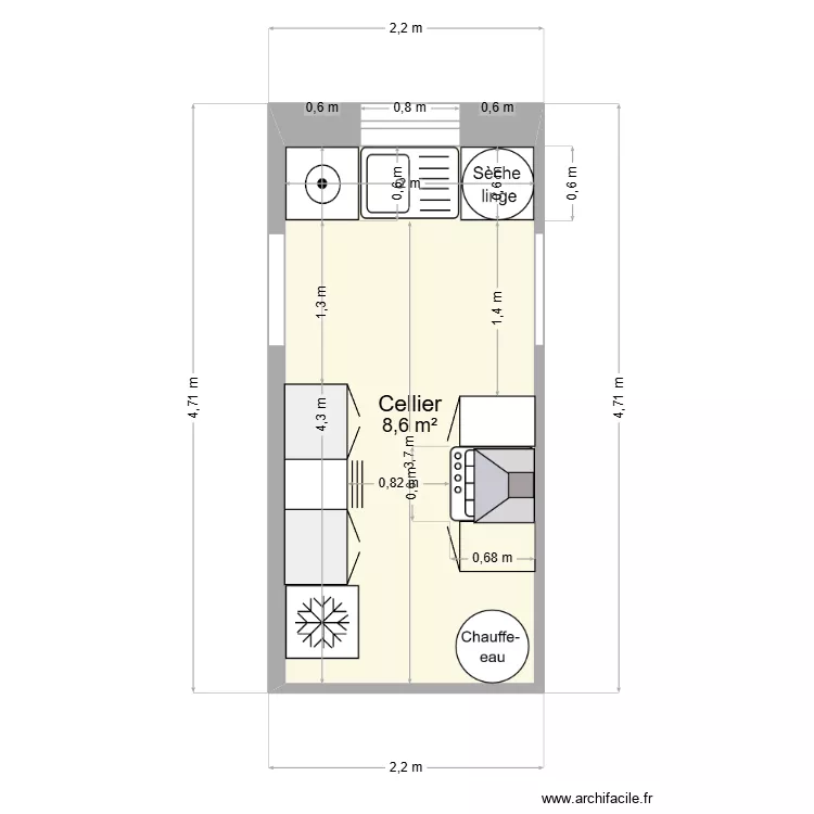 Cellier. Plan de 1  et 9 m²