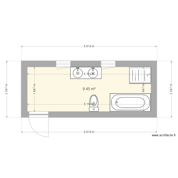 sdb. Plan de 1 pièce et 9 m2