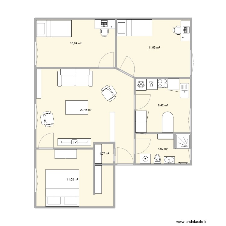 appart v1. Plan de 7 pièces et 71 m2