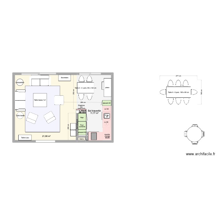 placard 40 et LL. Plan de 3 pièces et 34 m2