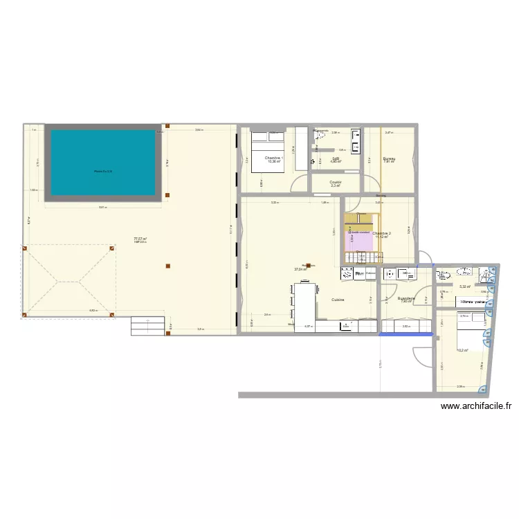 Chambre parentale. Plan de 1  et 9 m²