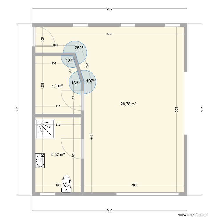 rectangle droit zz. Plan de 3 pièces et 38 m2