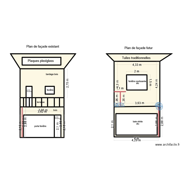 plan de façade existant. Plan de 25 pièces et 80 m2
