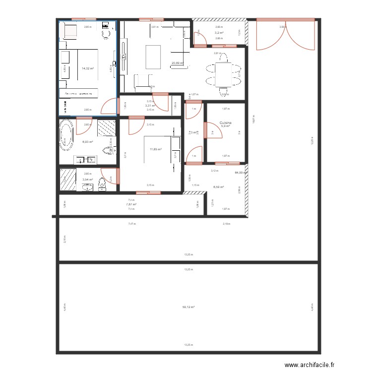 DB1. Plan de 13 pièces et 211 m2