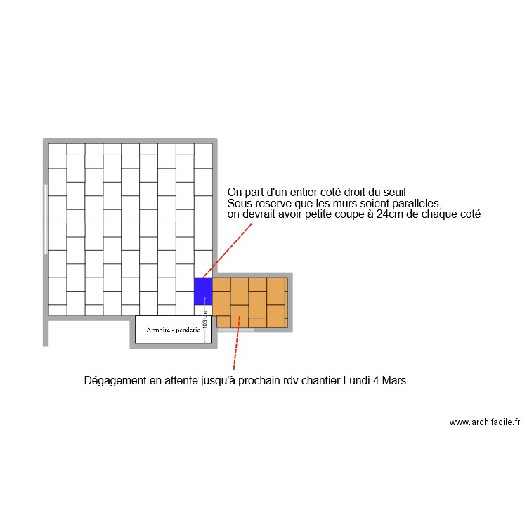 CH3 Calepinage V3 sans seuil. Plan de 1 pièce et 17 m2