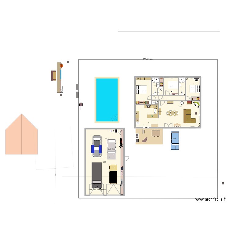 Duras + hangar en L + Piscine. Plan de 12 pièces et 194 m2