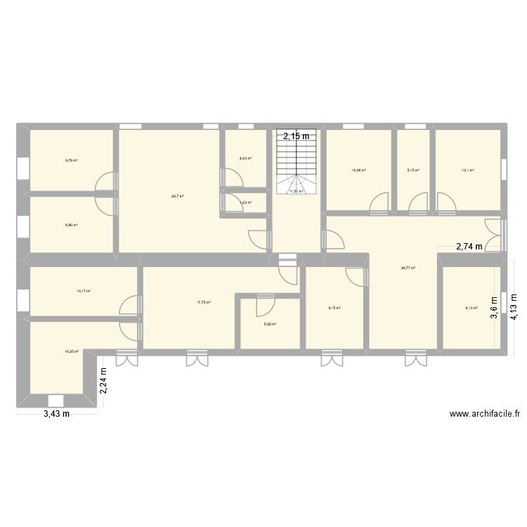 R+1. Plan de 16 pièces et 176 m2