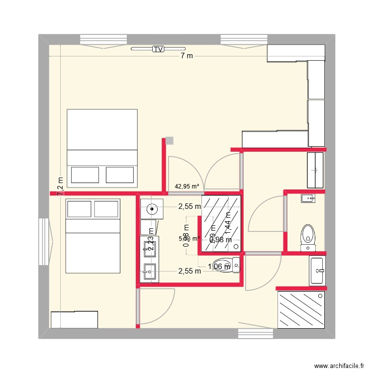 test 1. Plan de 2 pièces et 56 m2