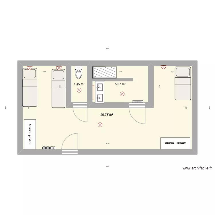 studio &eacute;tages sans cuisine. Plan de 3 Pièces et 32 m²