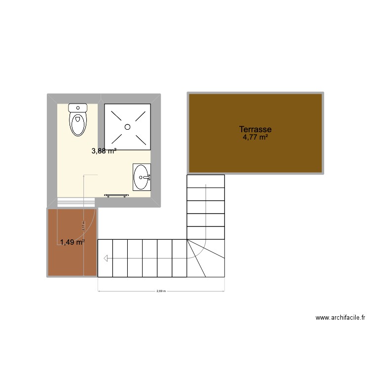 Salle de bain + escalier. Plan de 3 pièces et 10 m2