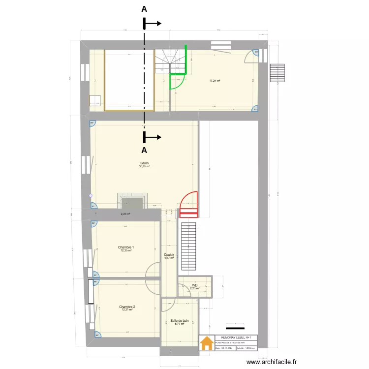R+1 quart-tournant 1. Plan de 9 Pièces et 103 m² R+1 quart-tournant 1. Plan de 9 Pièces et 103 m²