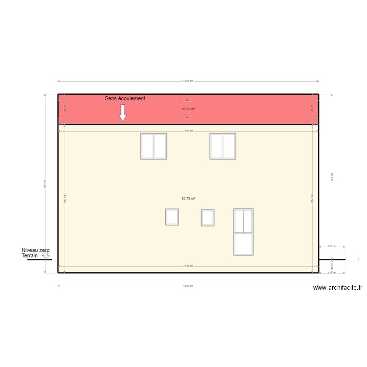 Façade Sud new. Plan de 2 pièces et 98 m2