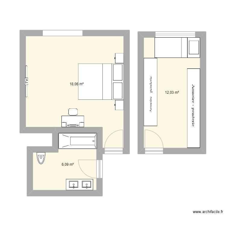 2 Chambre + sdb. Plan de 3 pièces et 36 m2