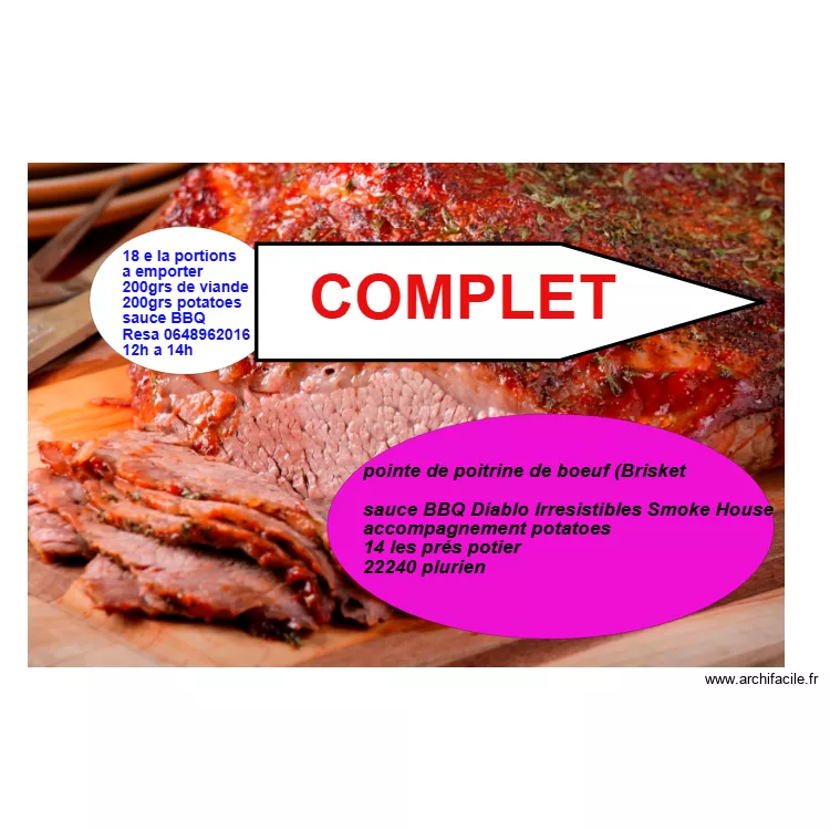 pointe de poitrine de boeuf (Brisket)  250 ml (1 tasse) sauce BBQ Diablo Irresistibles Smoke House. Plan de 