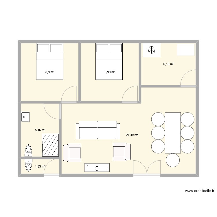maison passage 2. Plan de 6 pièces et 59 m2