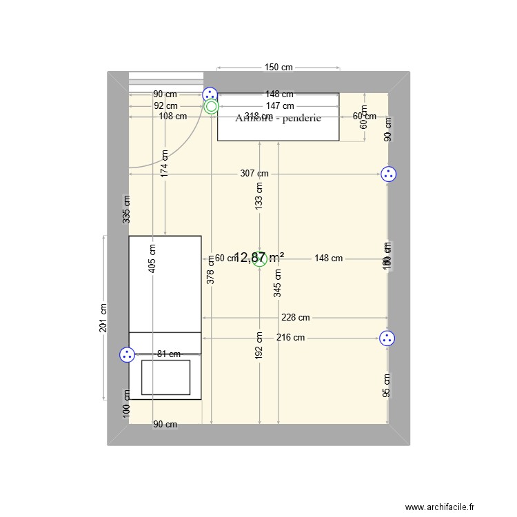 Chambre O&A. Plan de 1 pièce et 13 m2