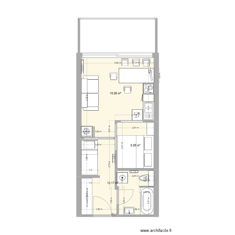 La Touss Cuisine droite. Plan de 3 pièces et 32 m2