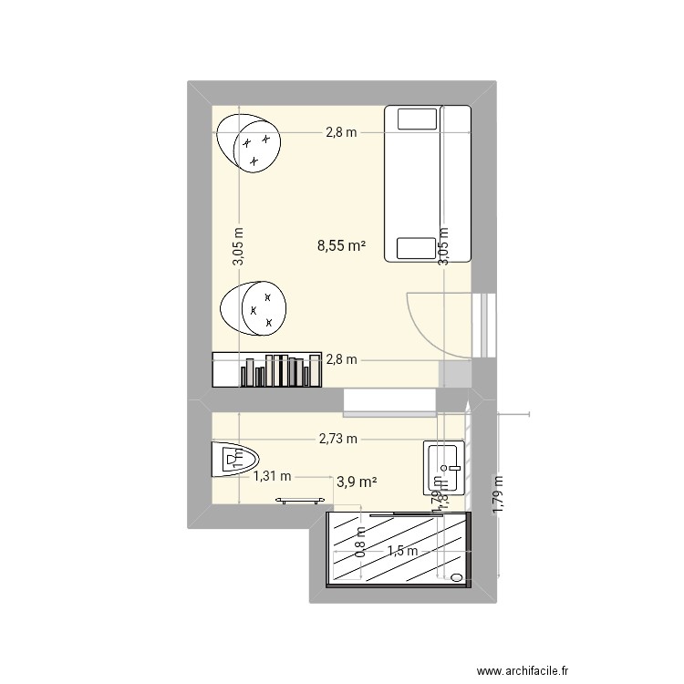 Chambre 2. Plan de 2 pièces et 12 m2