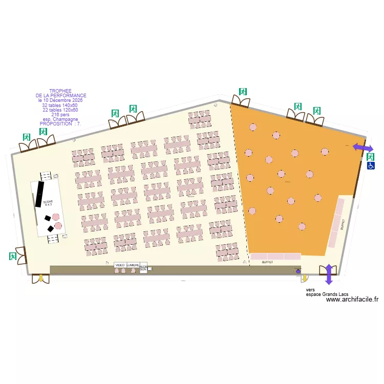TROPHEE  DE LA PERFORMANCE  le 10 D&eacute;cembre 2026  Tables rectangulaires esp. Champagne PROPOSITION  : 7.. Plan de 1  et 584 m²