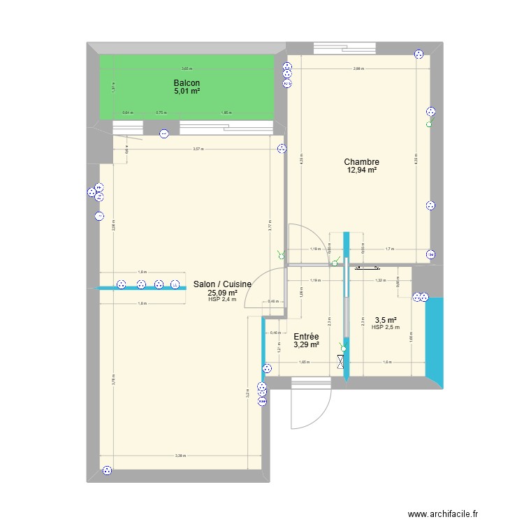 Appart Prises. Plan de 5 pièces et 50 m2