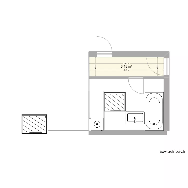 salle bain. Plan de 1  et 3 m²