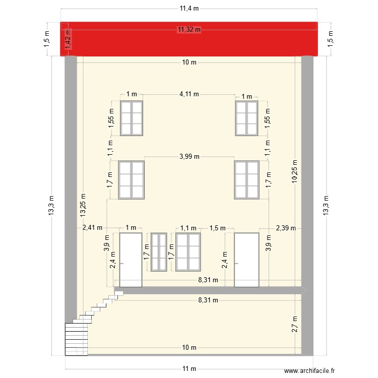210m2 façade Est actuel. Plan de 2 pièces et 146 m2