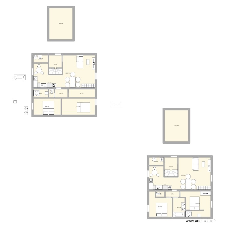 T3bis. Plan de 19 pièces et 174 m2