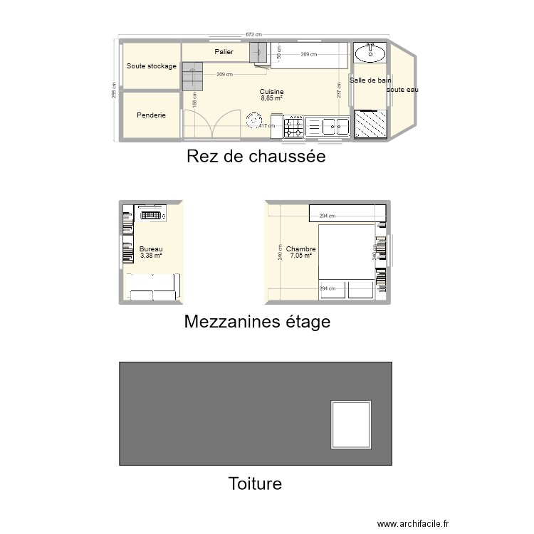 Tiny house. Plan de 8 pièces et 27 m2