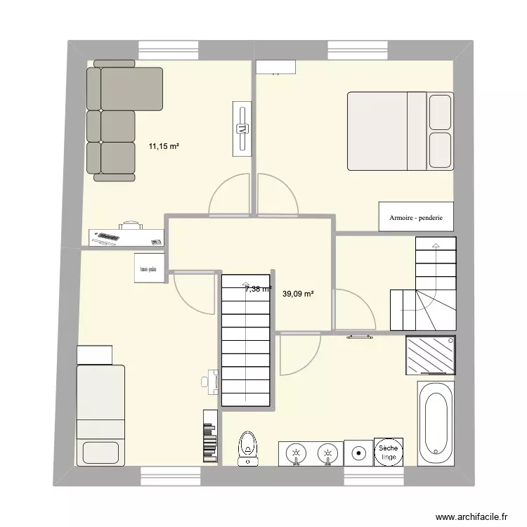 Etage. Plan de 3 Pièces et 58 m²
