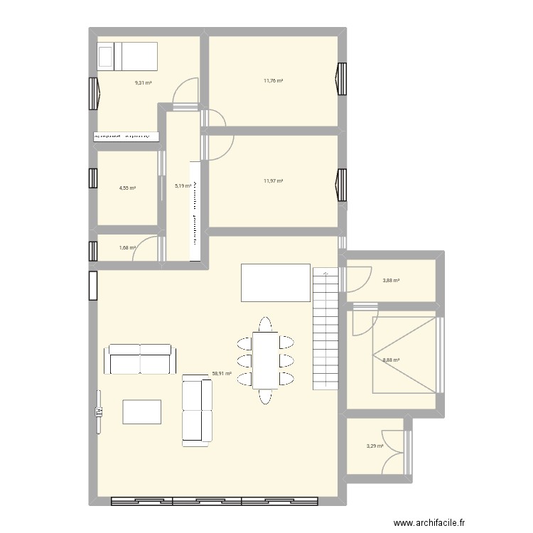 Grange. Plan de 10 pièces et 119 m2