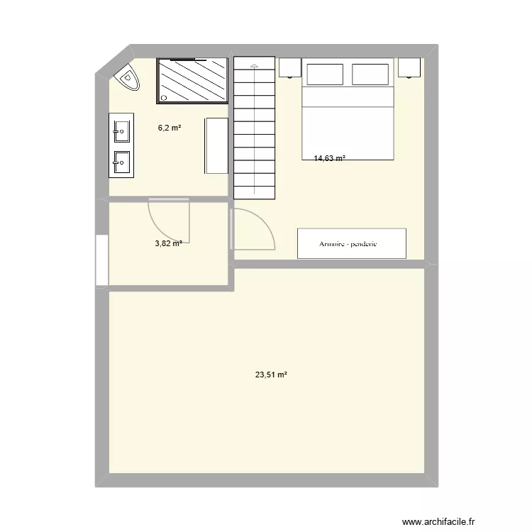 Salle de bain et chambre. Plan de 4 pièces et 48 m²