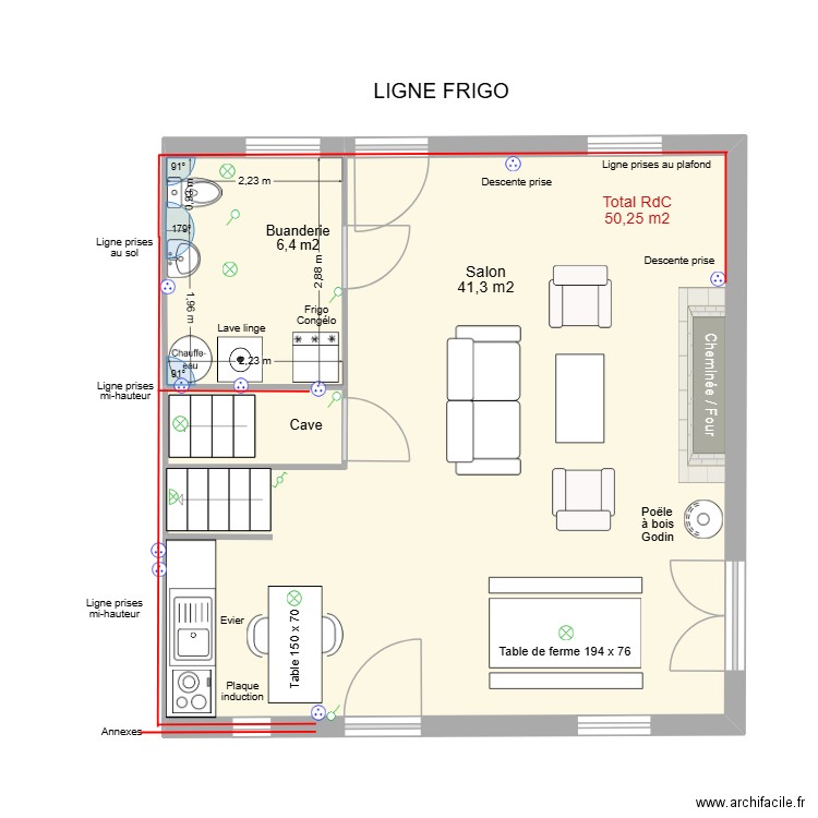 Electricité ligne frigo/congelateur. Plan de 3 pièces et 50 m2