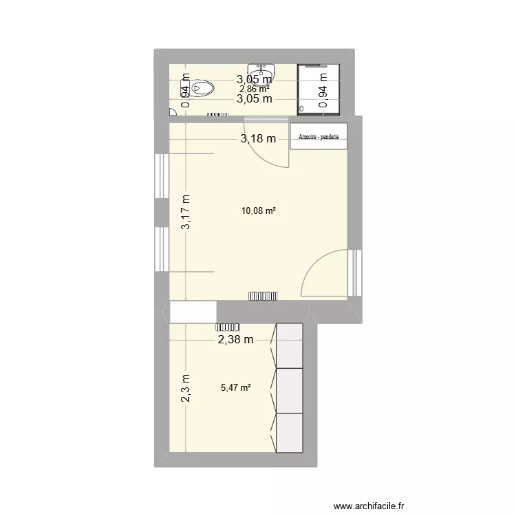 Studio. Plan de 3  et 18 m²
